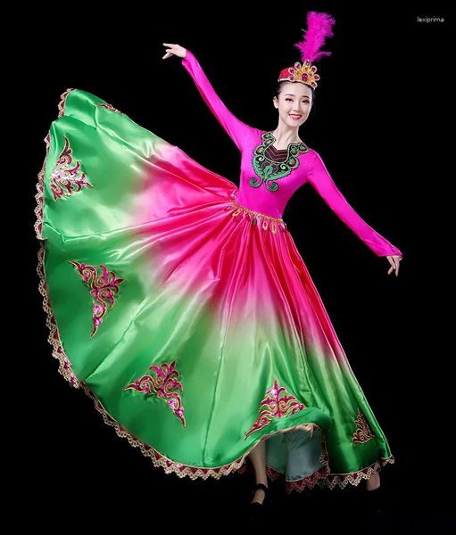 Ropa étnica Ropa de danza folclórica china Mujer Emale Uyghur Disfraz Estilo Vestido Falda grande Swing Año Escenario Ropa de rendimiento