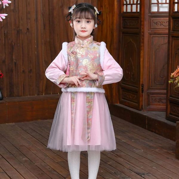 Ropa étnica Niñas chinas Año de los niños Cheongsam Hanfu Tang Traje Chaleco Vestido Impreso Bordado Invierno Rosa Más Terciopelo