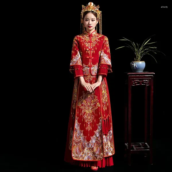 Vêtements ethniques Chinois Haute Qualité Broderie Phoenix Femmes Mariée Robe De Mariée Satin Vintage Cheongsam Oriental Classique Tang Costume