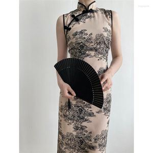 Etnische kleding Chinese inkt schilderij print cheongsam traditionele gemodificeerde aangepaste mouwloze slanke bodycon elegante sexy jurk