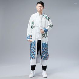 Etnische kleding Chinese jas mannelijke lange trench jas Japanse gewaad mannen print chiffon wushu kostuum tai chi outfits outfit kk2956