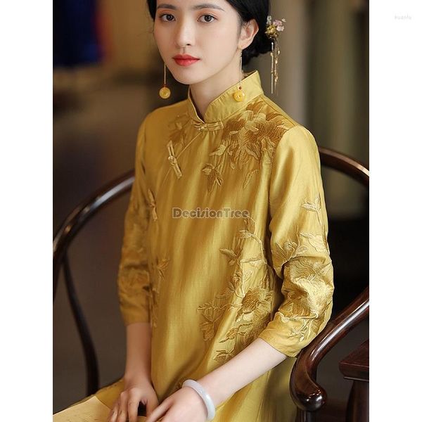 Vêtements ethniques Robe ample chinoise Qipao Fleur Broderie Cheongsam Fête Élégante Robe Oriental Zen Robe