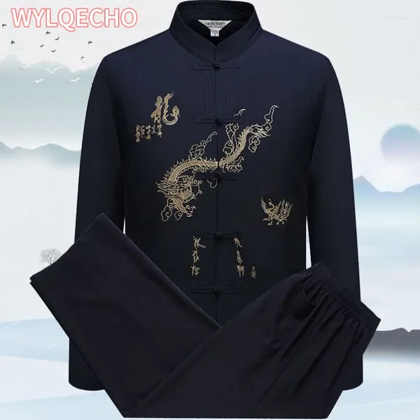 Vêtements ethniques Chinois Hommes Coton Costume Broderie Wu Shu Uniforme Tai Chi Chemise À Manches Courtes Pantalon M L XL XXL XXXL