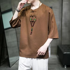 Vêtements ethniques Style national chinois Boucle de disque pour hommes Rétro Hanfu T-shirt à manches moyennes en coton solide Costume de Tai Chi en vrac