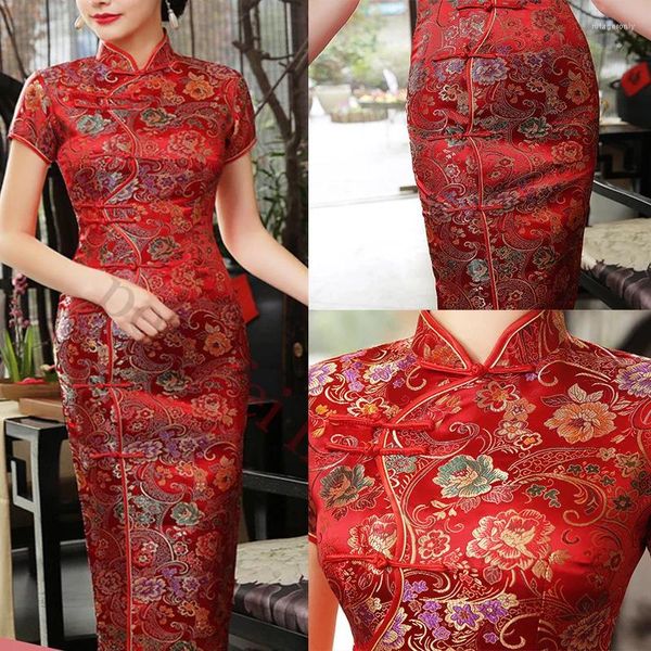 Vêtements ethniques Robes de mariée de mariée orientale chinoise Brocade rouge Satin Qipao Lady Vintage Mandarin Collar Cheongsams Robe de fête du soir