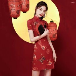 Abbigliamento etnico Abiti in stile orientale cinese Cheongsam sottile Stampa manica corta estiva Abito giovane migliorato per donna Retro rosso