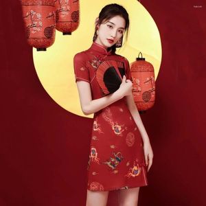 Etnische Kleding Chinese Oosterse Stijl Jurken Dunne Cheongsam Zomer Korte Mouw Print Jonge Verbeterde Jurk Voor Vrouwen Retro Rood