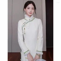 Vêtements ethniques Chinois Qipao Femme Automne Hiver Cheongsam 2024 Rétro Amélioré Style Jeunesse Peluche Robe Quotidienne À Manches Longues