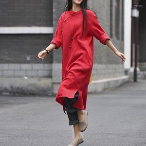 Etnische kleding Chinese retro -stijl Schuine knop Twee laags katoenen linnen jurk vintage herfst plus maat lange jurken losse kledinggewaad