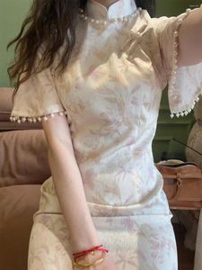 Vêtements ethniques Chinois Printemps Rétro Manches longues Élégant Rose Amélioré Cheongsam Robe Dentelle Sexy Femmes Moderne Qipao