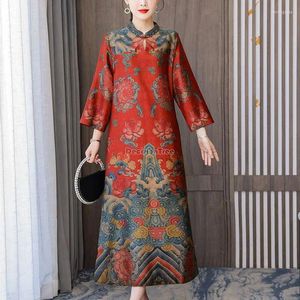 Etnische kleding Chinese stand kraag vrouwelijke lange mouw losse Qipao Cloud garen moederjurk afdrukken bloemen Cheongsam zomer vestidos