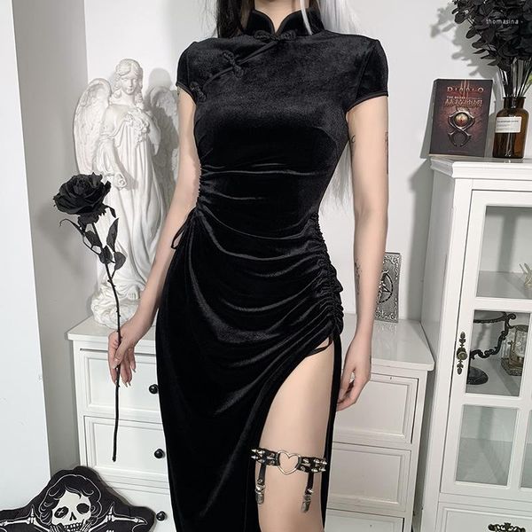 Vêtements ethniques chinois col montant robe gothique Cheongsam robes Vintage femmes bandage noir fente ourlet Sexy soirée Qipao longue robe