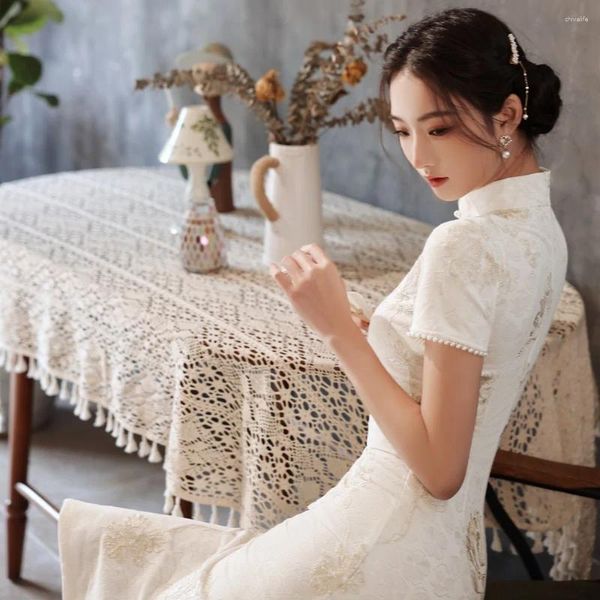 Vêtements ethniques Style chinois 2023 Summer Lace Design Cheongsam Longue Robe Hanfu Qipao améliorée Jeunes femmes