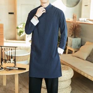 Vêtements ethniques Style chinois Noir Bleu Tang Costume Longue Veste Hommes Streetwear Printemps Rétro Robe Wing Chun Boutique en ligne Plus Taille 3XL