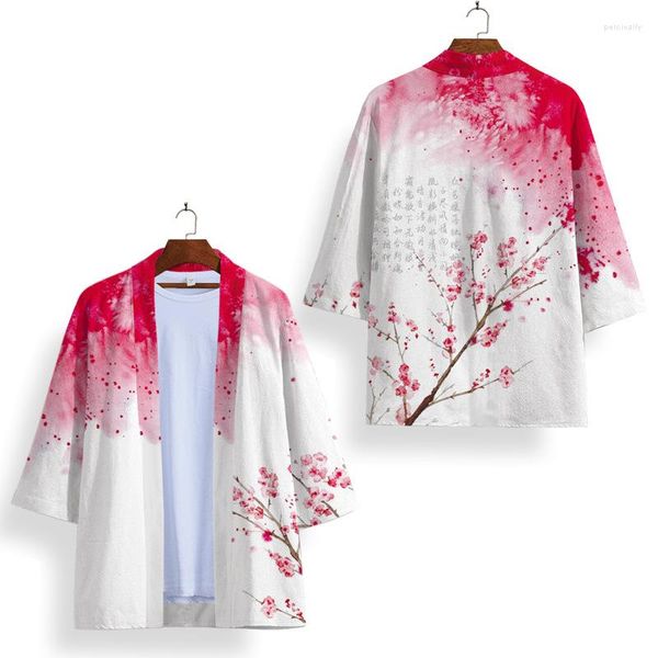 Ropa étnica cárdigan de estilo chino, conjunto de Kimono y pantalones cortos con estampado de flor de ciruelo blanco, Cosplay Harajuku, chaqueta Yukata para hombre y mujer, ropa de calle