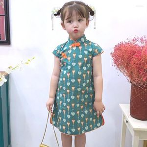 Etnische Kleding Chinese Stijl Cheongsam Voor Meisjes Bloemenprint Korte Mouw Jurk Zomer Hanfu Qipao Kids Halloween Kostuums