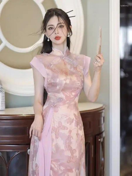 Vêtements ethniques Style chinois Cheongsam Robe rose Femmes 2024 Tempérament haut de gamme Sentiment amélioré Qipao Jupe
