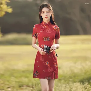 Etnische kleding Chinese stijl Cheongsam Traditionele Retro Rode Qipao Vrouw Elegante Mini Jurk Vrouwelijke Bloemen Bodycon Party