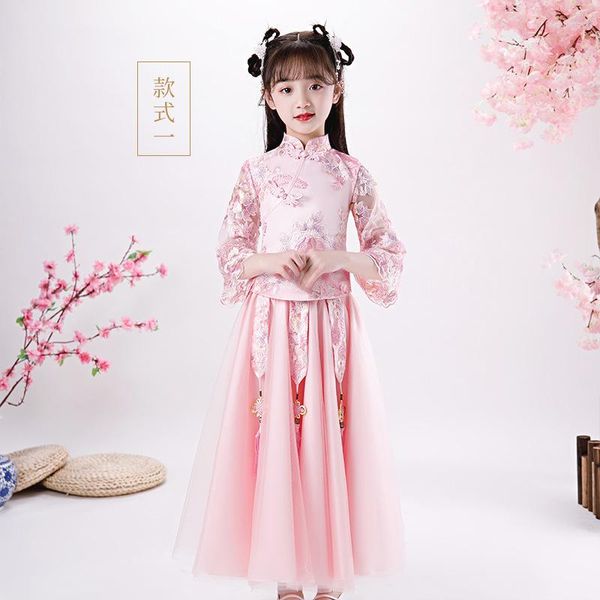 Ropa étnica de estilo chino para niños, disfraces de Hanfu, faldas de baile folclórico de princesa, vestidos de noche para niños, niñas con flores