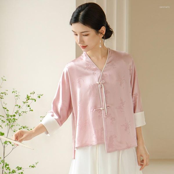 Vêtements ethniques Vêtements de style chinois pour les femmes Traditionnelles Cheongsam Tops Vintage Zen Hanfu Qipao Rose Blouse Chemise Tang Vestes Manteau