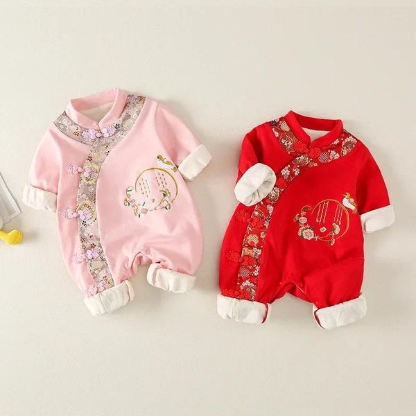 Vêtements ethniques Costume de style chinois pour bébé une pièce automne / vêtements d'hiver broderie vintage costume chaud enfants filles rose barboteuse