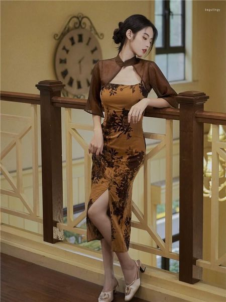 Vêtements ethniques Style chinois Coton et suspension zen imprimée avec taille élevée Slim Fit Split Cheongsam Robe sexy l'été deux pièces