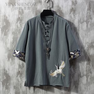 Etnische kleding Chinese stijl Disc-knop Linnen T-shirt Heren Zomer korte mouwen Tangshirt Losse grote maat Japanse Kimono Men 230331