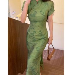 Ropa étnica Vestido de estilo chino Verde Mejorado Cheongsam Mujeres Sexy Manga corta Qipao Vestidos de verano Vestidos estampados