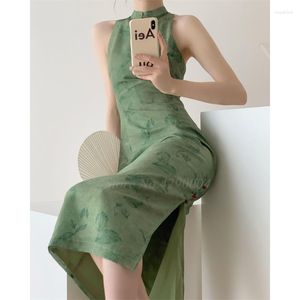 Vêtements ethniques robe de Style chinois imprimé vert Cheongsam Sexy sans manches Qipao dos nu dentelle Vestidos robes d'été longues