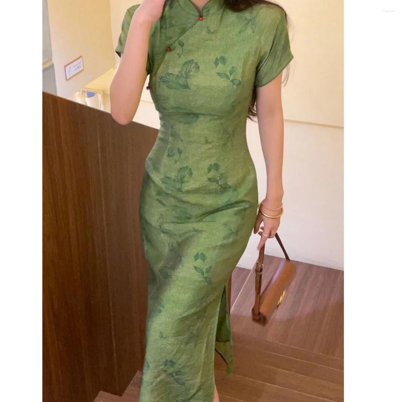 Vêtements ethniques Robe de style chinois Vert Cheongsam amélioré Femmes Sexy Manches courtes Qipao Robes d'été Robes imprimées
