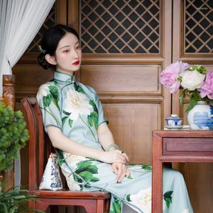 Etnische kleding Chinese stijl jurk imitatie zijden Republikeinse lange groene traditionele cheongsam young daily podium artiest qipao