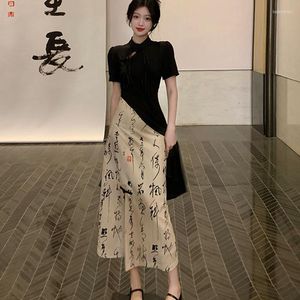 Etnische Kleding Chinese Stijl Jurk Vrouwen Sexy Slim Split Cheongsam Nieuwigheid Afdrukken Borstel Kalligrafie Set Vintgae Klassieke Vestidos