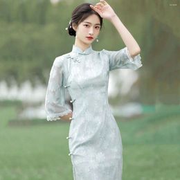 Vêtements ethniques Style chinois Elegant Cheongsams Hobe Summer Women Vintage Floral Green Rose Qipao Mini Lady Chic Slim Vestidos