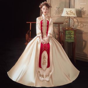 Etnische Kleding Chinese Stijl Elegante Huwelijk Qipao Bruid Trouwjurk Prachtige Champagne Pailletten Kralen Borduurwerk Cheongsam