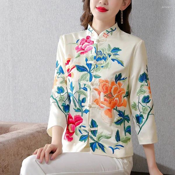 Vêtements ethniques Style chinois Broder Tang Vêtements Femmes Cheongsam Tops Chemise à manches longues Veste Satin Manteau Année Mandarin Collier Qipao