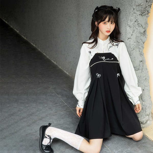 Vêtements ethniques Style chinois Femme Vêtements quotidiens Han Element Shirt Costume Hanfu amélioré Blanc Tops à manches longues Noir Sling Dress Suit DQL5811 G230428