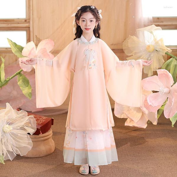 Ropa étnica Estilo chino Niñas Bordado Flor Hanfu Traje Vintage Estudiante Hanbok Vestido de actuación Niños tradicionales Vestido de baile