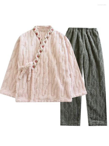 Vêtements ethniques Style chinois Hanfu Pyjamas de broderie à lacets Kimono Femme Automne / Hiver Flanelle avec épais velours de corail Housewear