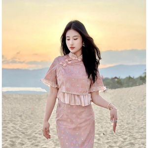 Etnische kleding Chinese stijl verbeterde Cheongsam dames roze bloemen edele top halve rok modeset geborduurde ruche rand Qipao-jurk