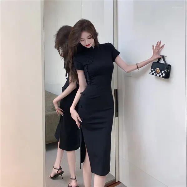 Vêtements ethniques Style chinois amélioré Cheongsam Qipao Robe noire sexy rétro damier bouton jupe ajustée