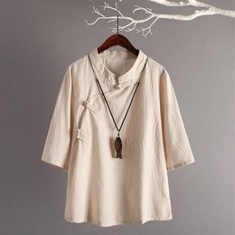 Vêtements ethniques Style chinois Lin Top Retro Art Coton Boutons obliques Sept manches Tops amples Femmes Traditional233M
