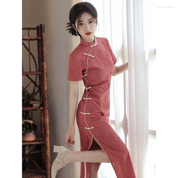 Ropa étnica Estilo chino Largo Rojo Cheongsam Chica Verano 2023 Mejorado Talla grande Tradicional Elegante Qipao S a XXL