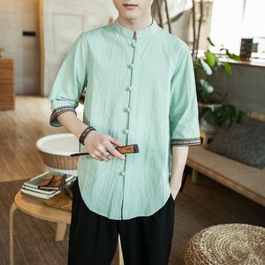 Vêtements ethniques Style chinois Chemise masculine Demi manches Casual Streetwear Hommes Homme Vêtements en lin 2022 Tunique Top 5XL