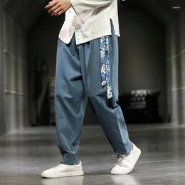 Vêtements ethniques de style chinois hommes coton lin pantalon décontracté rétro hanfu broderie hallen printemps streetwear de jambe large lâche