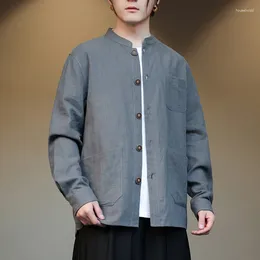 Ropa étnica Chaqueta de lino para hombres de estilo chino para primavera/verano 2024 Collar de algodón de algodón Camisa de manga larga Hombre retro