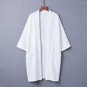 Vêtements ethniques Style chinois hommes femmes Cardigan japonais Kimono Hombre hauts noirs 2023 été Vintage blanc Tang mi-long manteau mâle