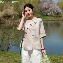 Etnische kleding Chinese stijl Moderne vrouwelijke Hanfu Dames Vintage bloemenprint V-hals shirt Nationale mode Losse tops Tangpak Zomerblouse 231212