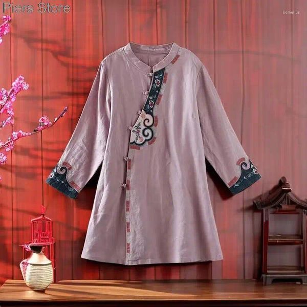 Ropa étnica Estilo chino Modificado Hanfu Exquisito Bordado Vestido largo Mujeres 2023 Retro Stand Collar Elegante Suelto Casual / Fiesta