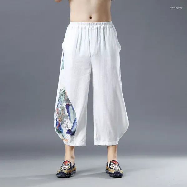 Vêtements ethniques Pantalon de style chinois pour homme Pantalon trois-quarts Casual Lin All-Match Loose Mountain Flowing Water Impression 2023