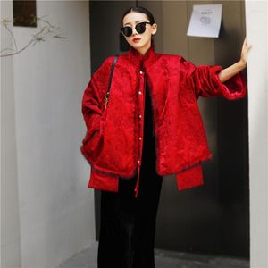 Vêtements ethniques Style chinois Veste en coton matelassé Femmes Mink Hair Splicing Single Breasted Loose Fashion Pocket Warm Coat Rouge S-XL